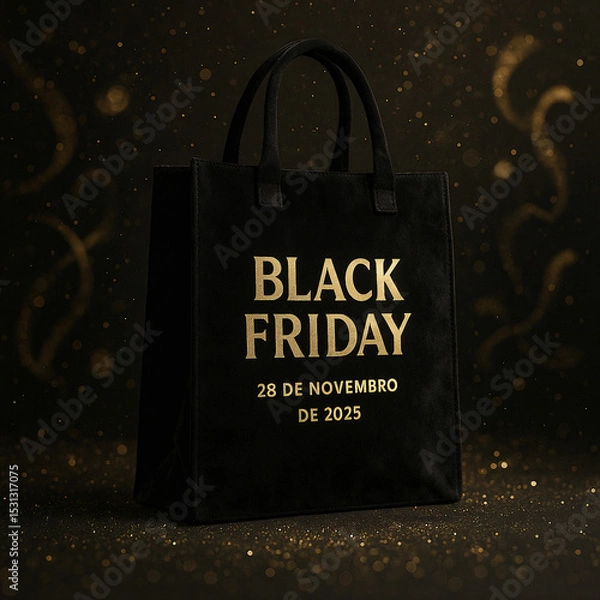 Fototapeta Sacola preta com texto dourado "Black Friday 28 de novembro de 2025", em fundo escuro com brilhos dourados, simbolizando compras e promoções de luxo.