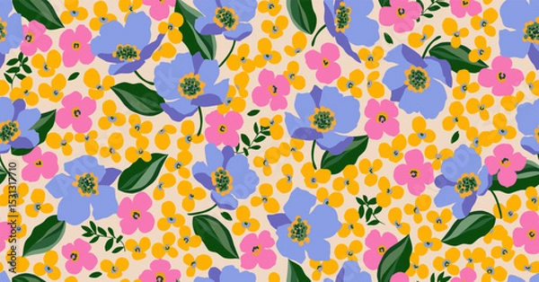 Fototapeta Hand drawn floral pattern, seamless patterns with flowers for fabric, textiles, clothing, printing, packaging, covers, banners, interior decor, abstract backgrounds.