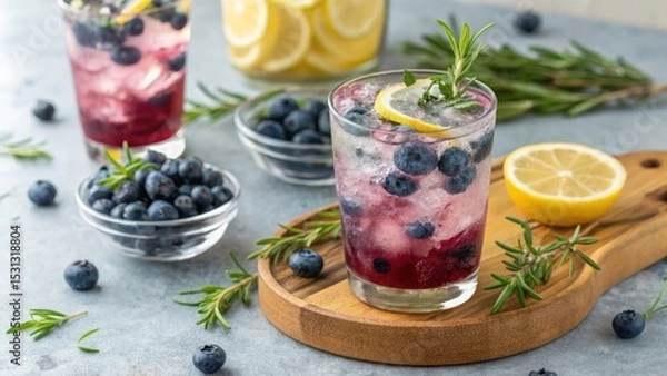 Fototapeta Refreshing blueberry lemonade cocktail recipe kitchen beverage tutorial bright close-up summer vibes for refreshing hydration