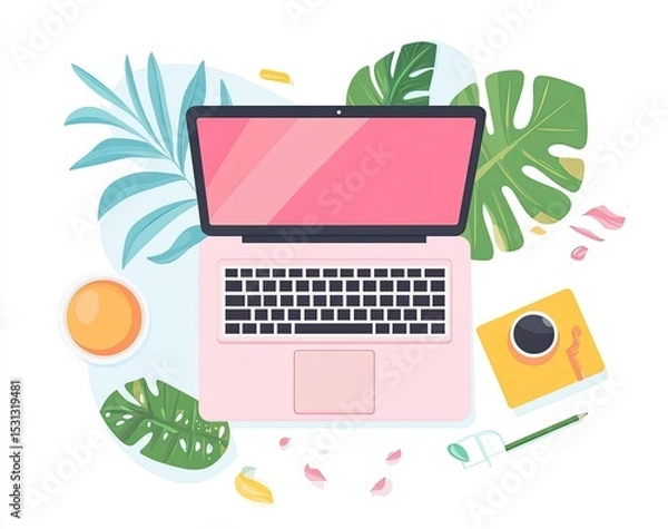 Fototapeta Pastel pink laptop surrounded by tropical leaves, a cup of tea, and coffee, on a white background.  Flat lay digital illustration of a workspace