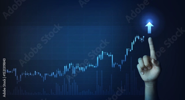 Fototapeta Hand indicating growth on a stock chart with a clear upward arrow, representing success and financial growth.