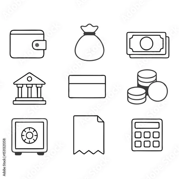 Fototapeta Business Finance Icon Set - Wallet, Money, Bank, Credit Card, Coins, Calculator - Flat Outline Vector