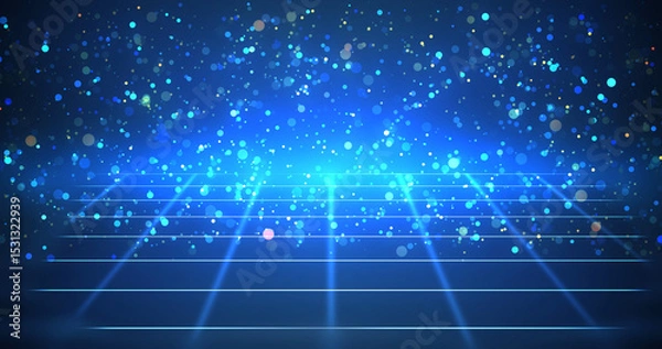 Fototapeta Creative grid placement with glittering shimmering particle dust flow. 3d unique particle grid technology award show achievements bg. Diminishing perspective wireframe dots cyberspace corporate.