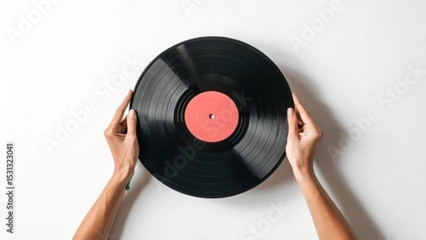 Fototapeta Vinyl record unveiling home studio music hobby creative environment top view nostalgic sound experience