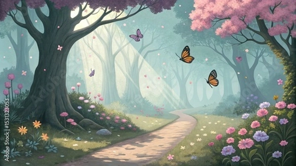 Fototapeta Nature awakens butterflies dance among blossoms in a serene forest pathway magical landscape enchanting viewpoint tranquil atmosphere
