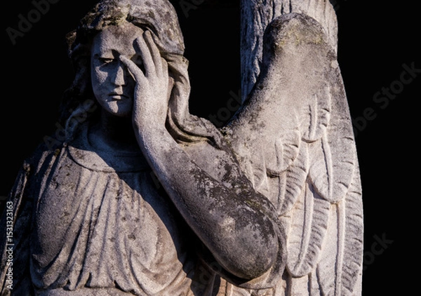 Fototapeta Abstract image with background and place for caption and fragment of tragic sad american angel and rays of sun and hope. Black and white concept.