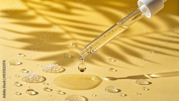 Fototapeta Droplet action from a pipette beauty product showcase yellow background liquid texture close-up view for visual appeal