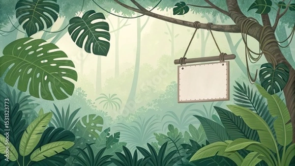 Fototapeta Exploring a lush jungle landscape with a blank sign tropical rainforest digital art peaceful ambiance nature