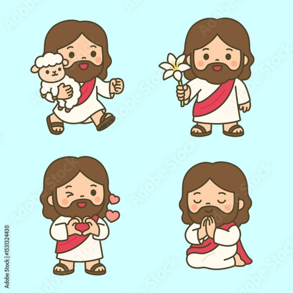 Fototapeta Loving Cartoon Jesus with Lamb, Lily, Heart Symbol and Peaceful Praying Gesture on Blue Background