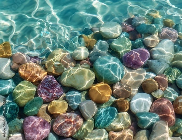 Fototapeta High quality photo of colorful pebbles in a clear water background top view. Shiny colorful stones and ripples on a transparent clean surface. A summer concept with natural stones.