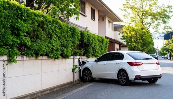 Obraz 交通事故、壁に追突した自動車。（Traffic accident, car crashed into wall.）
