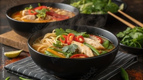 Fototapeta Delicious bowl of spicy chicken noodle soup in a cozy kitchen setting steaming hot inviting atmosphere culinary delight