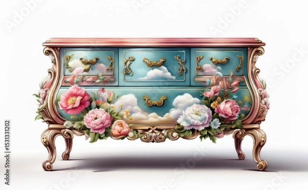 Obraz Vintage Dresser Victorian or Baroque style with delicate decoupage paper of floral elements and clouds, collage of flowers. Retro Furniture element on white background