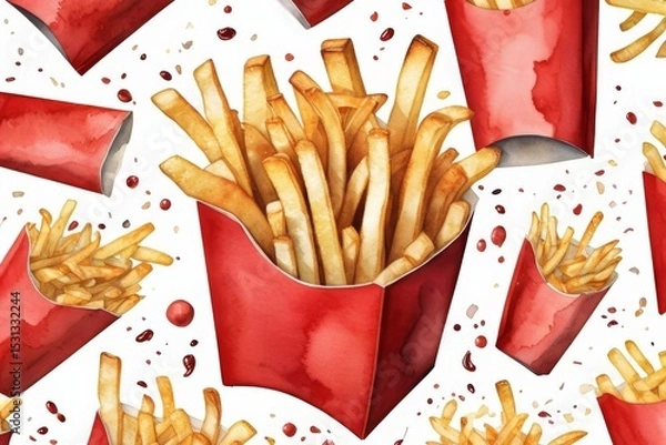 Obraz french fries in red package and ketchup fast food watercolor illustration. Take away order.
