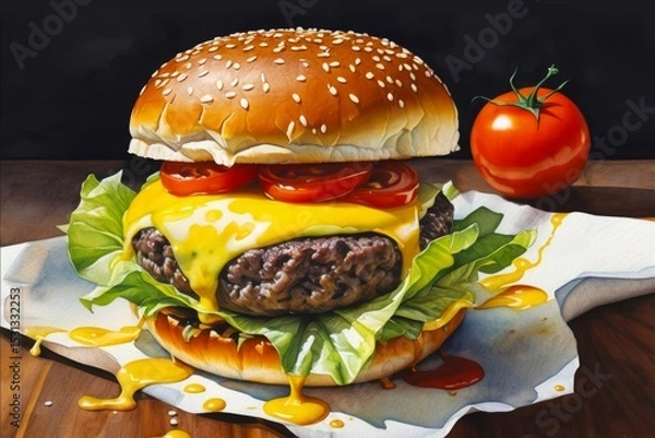 Obraz juicy burger with cheese and tomato on wooden table on paper appetizing illustration