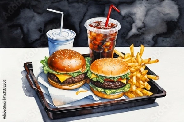 Obraz burgers with French fires and drinks menu combo at the table of fast food restaurant appetizing illustration