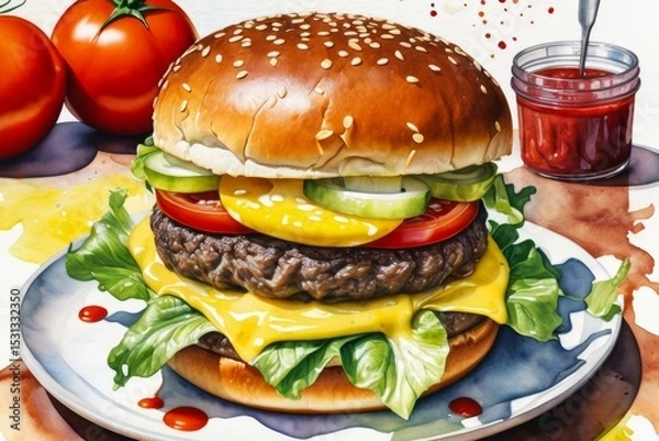 Obraz juicy burger with cheese and tomato, lettuce and pickle with tomato sauce  on white plate on the table appetizing illustration