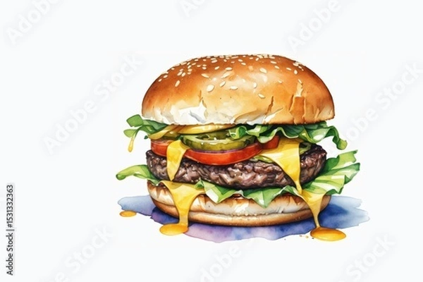 Obraz juicy burger with cheese and tomato, lettuce and pickle  on white background  appetizing illustration