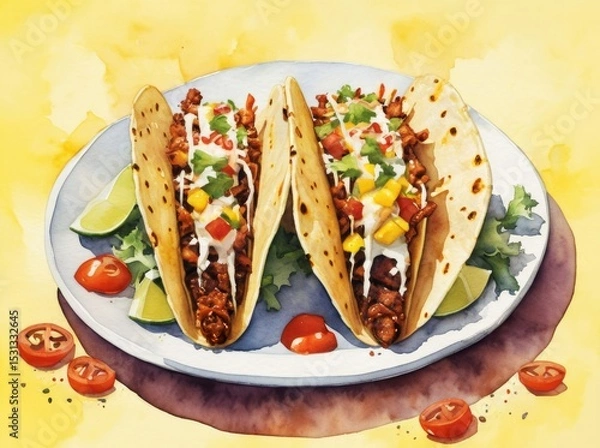 Obraz tacos al pastor. Mexican food. Two taco with spit-grilled slices of pork with onion served on plate with lime watercolor illustration. Restaurant decor.