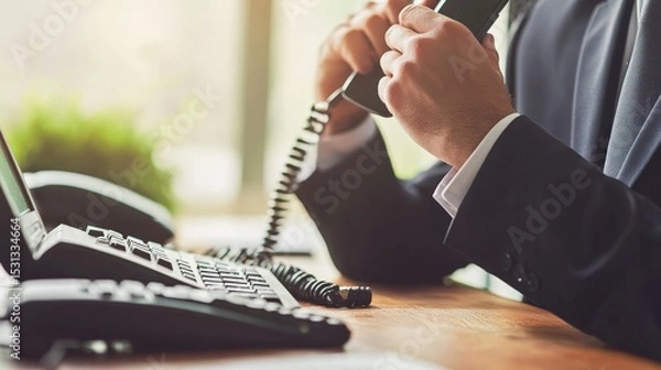 Fototapeta Businessman Wearing a Suit Holding a Telephone While Working