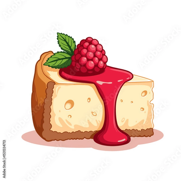 Fototapeta Cheesecake slice with raspberry sauce vector, on transparent background, ideal for dessert menus, food blogs