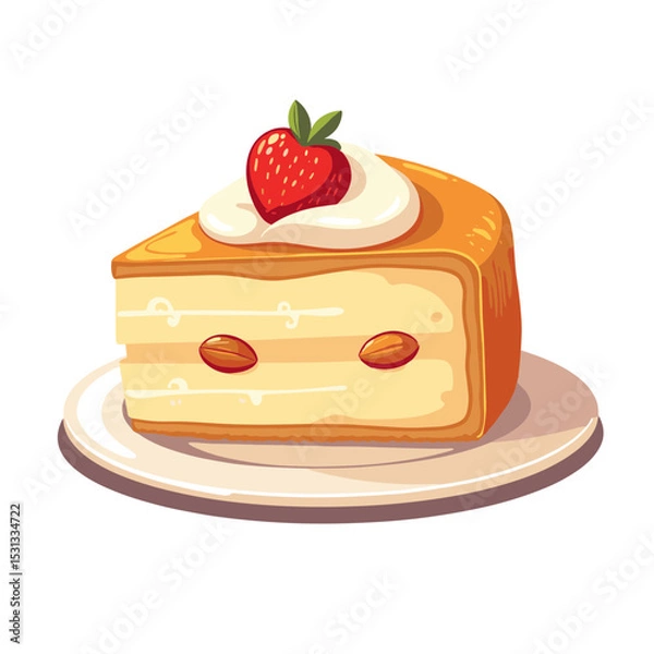 Obraz Financier almond cake vector, slice with cream and strawberry on transparent background, ideal for dessert menus, culinary blogs