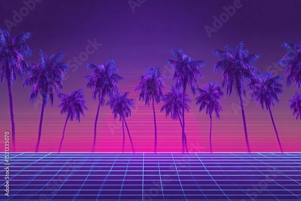 Obraz Vaporwave synth landscape with neon sunset and palm silhouettes
