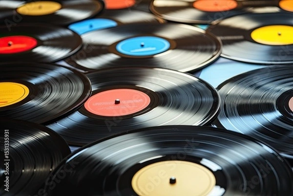Fototapeta Close-up view of many vinyl records, various colors