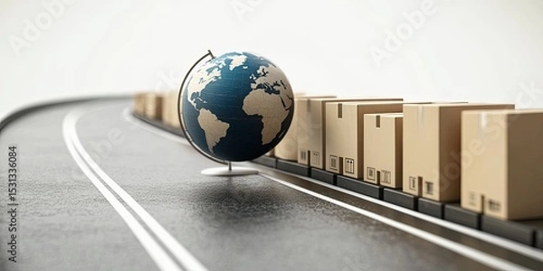 Fototapeta A globe sits on a road, lined with cardboard boxes