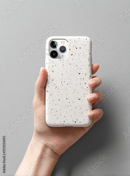 Fototapeta High quality photo of hand holding a phone case mockup a white blank smartphone with a terrazzo texture on the back cover against a grey background. Overhead view of an arm and hand.