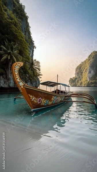 Fototapeta Ornate wooden outrigger boat, 'Lumba Lumba', rests in calm turquoise water near lush green cliffs at sunset. The scene evokes tranquility and tropical paradise.