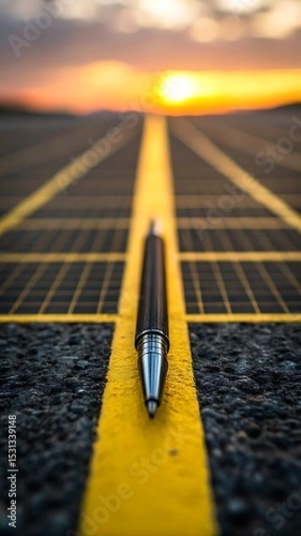 Fototapeta A sleek metallic pen centered on a yellow strip with sunset background during golden hour