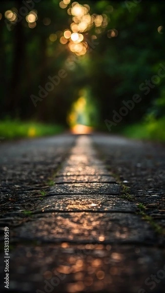 Fototapeta Sunlit path through a forest captured with a selective focus creates a tranquil scene.
