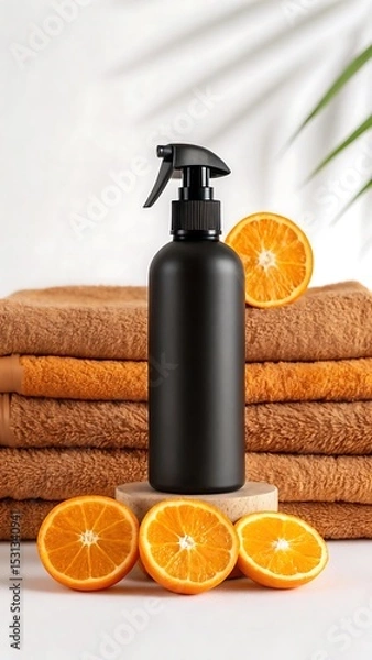 Fototapeta Black spray bottle with fresh orange slices and stacked towels for spa concept