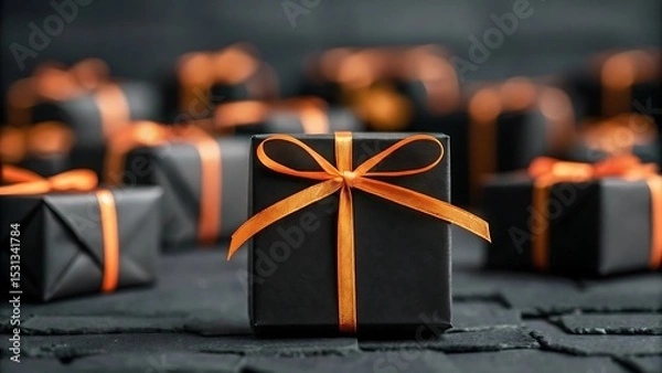 Fototapeta Elegant black gift boxes adorned with orange ribbons create a festive and stylish presentation