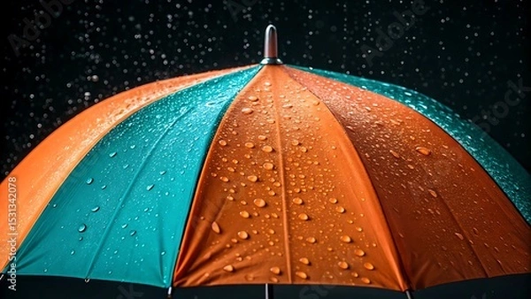 Fototapeta Colorful umbrella with raindrops against a dark background capturing the essence of wet weather