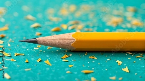 Fototapeta Sharp yellow pencil tip with shavings on a turquoise background creating a focus