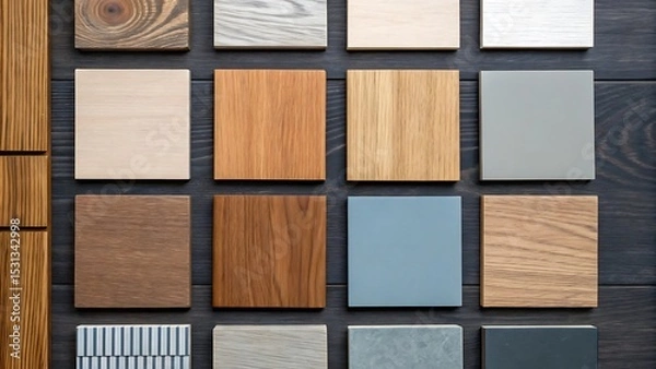 Fototapeta Collection of square wood and painted material samples arranged on a dark wooden surface