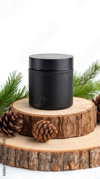 Fototapeta Elegant black jar mockup for cosmetic product presentation surrounded by natural elements