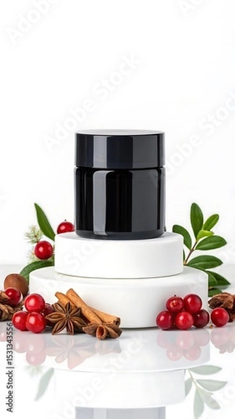 Fototapeta Black cosmetic jar on white platforms with cranberries cinnamon sticks and other natural elements