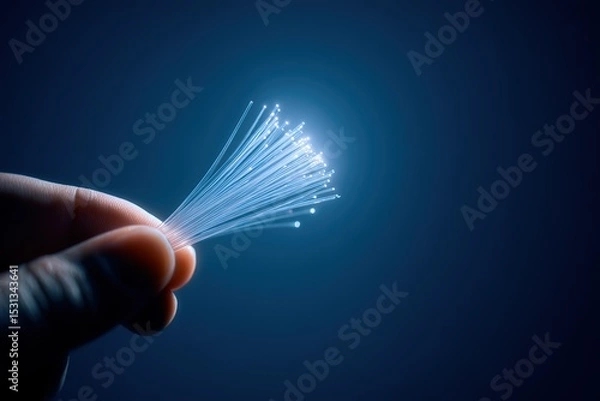 Fototapeta Fiber optic strands illuminated in a hand against a dark background showcasing technology and light