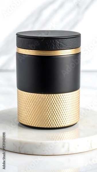 Fototapeta Elegant black and gold cylindrical container resting on a marble surface showcasing luxury design
