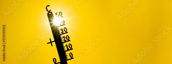 Obraz Hot weather, global climate change concept - Heat wave / Summer heat temperature celsius background banner long - Thermometer yellow orange sky and sun rays