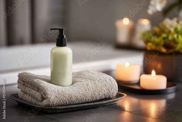 Fototapeta Relaxing spa setup with lotion, candles, and towel for a calming retreat at home