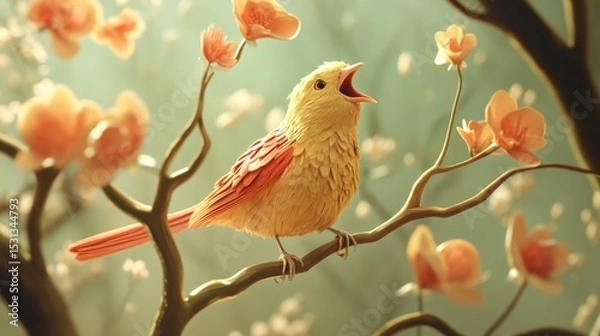 Fototapeta A Yellow Bird Singing Joyfully While Perched On A Branch