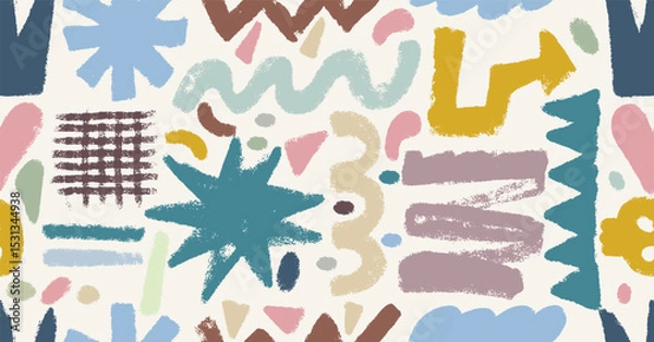 Fototapeta Seamless pattern pastel hand drawn crayon shapes and forms. Childish colored crayon elements. Abstract doodle geometric crayon shapes in retro style. Seamless pattern vector doodle marker drawing.