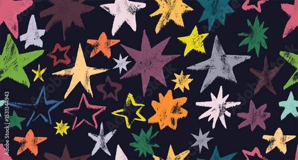 Fototapeta Seamless pattern chalk stars with ragged jagged edges. Kids grunge stars with crayon texture. Seamless hand drawing shape in kid sketch style on white background. Vector stars in a childish style.