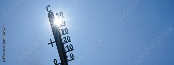 Obraz Hot weather, global climate change concept - Heat wave / Summer heat temperature celsius background banner long - Thermometer blue sky and sun rays