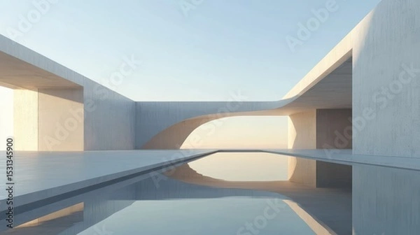 Obraz Abstract modern architecture with concrete structures and reflective pool under a clear sky showcasing minimalist design aesthetics