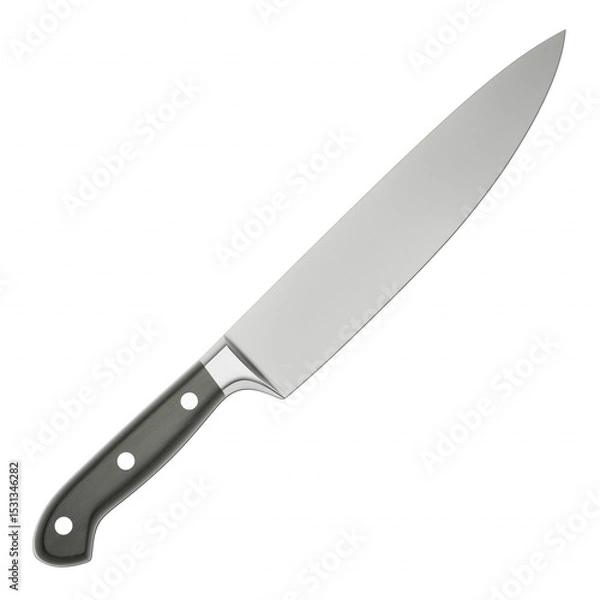 Fototapeta Single kitchen knife with stainless steel blade and black handle isolated on transparent background